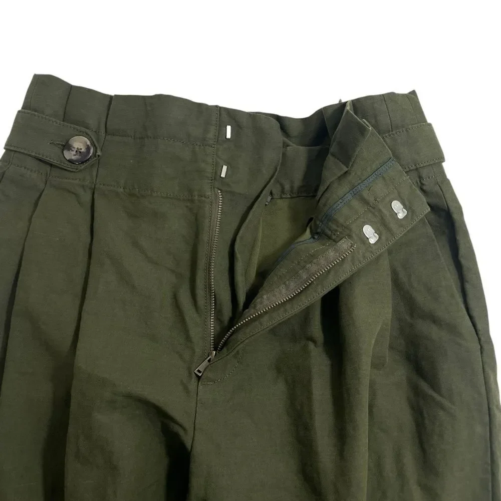 Zara Paperbag Waist Linen Blend Barrel Leg Pants Size MEDIUM Army‎ Olive Green